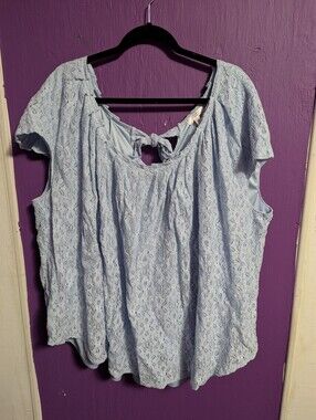 58. LC Lauren Conrad Light Blue Pleated Lace Lined Short Sleeve Blouse 4X 26